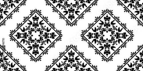 Ikat geometric seamless oriental ornament in the style of baroque or Victorian traditional classic vector black and white pattern. Tiles and pottery patterns, wallpaper, rugs, curtains, and blankets.