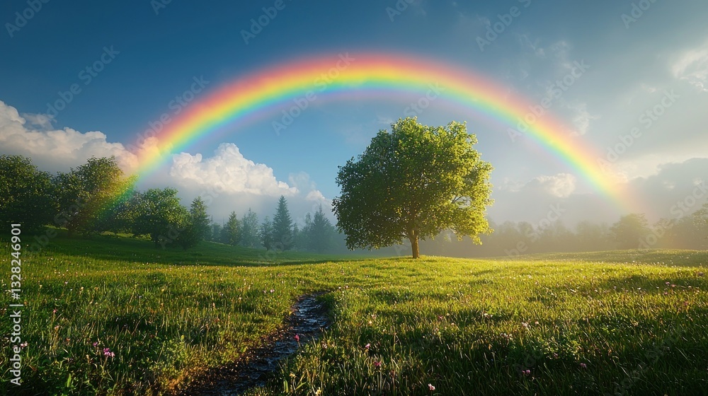 Naklejka premium Solitary tree in misty field with rainbow.