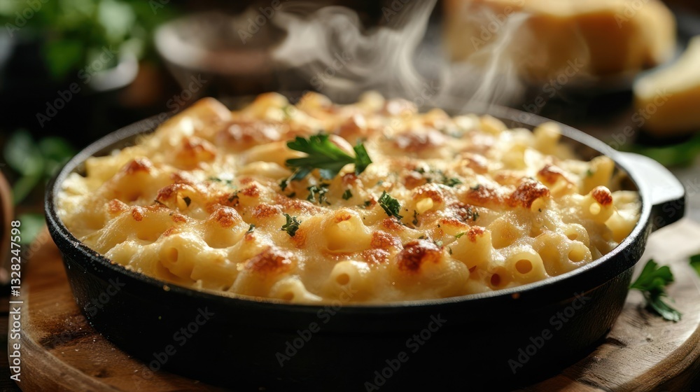 A cast-iron skillet of macaroni and cheese with parsley on top. A cast-iron skillet of macaroni and cheese with parsley on top.