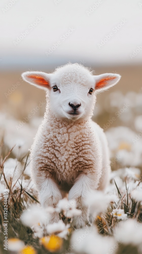 Fototapeta premium Adorable lamb grazing peacefully in a vibrant field filled with colorful wildflowers under sunlight
