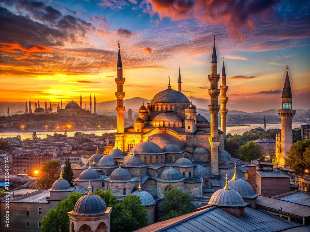 Fototapeta premium Panoramic Sunset Istanbul Skyline: Illuminated Mosques & Minarets