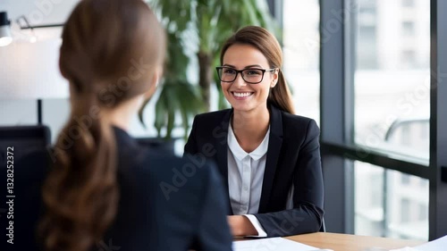 Smiling businesswoman conducting an HR interview in a modern office  
