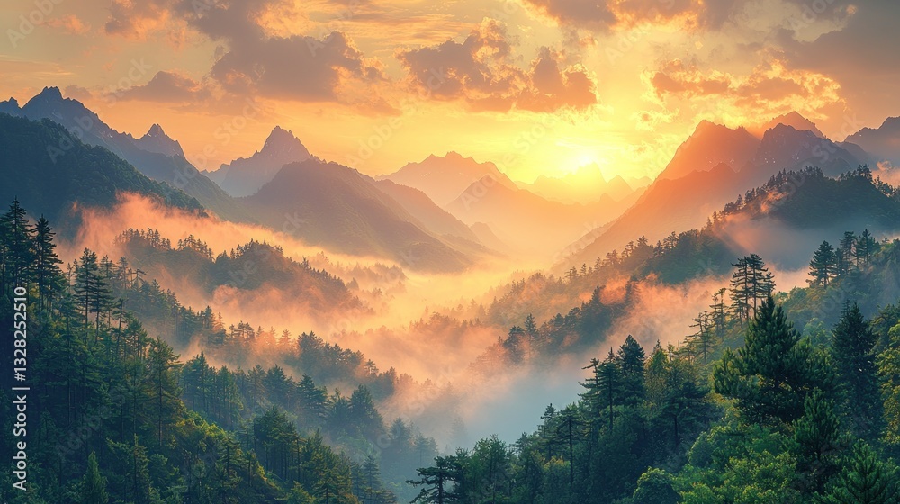 Obraz premium Majestic sunset over misty mountain range.
