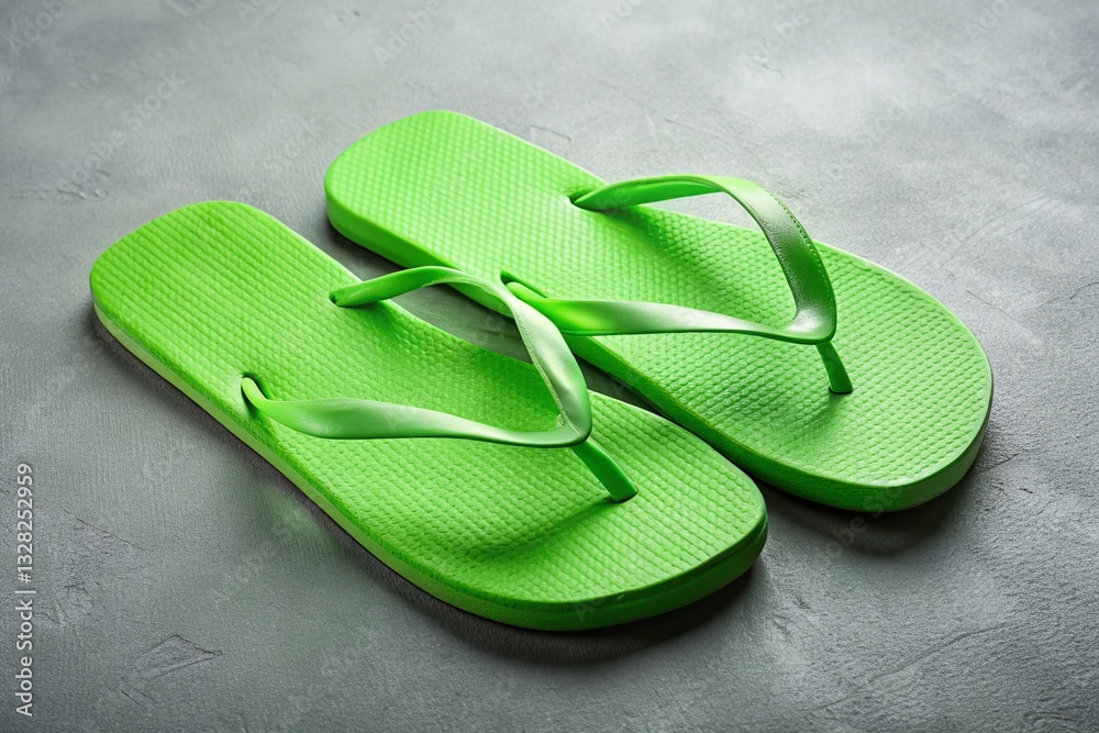 Panoramic View of Green Flip Flops on Gray Background - Summer Vacation Footwear Panoramic View of Green Flip Flops on Gray Background - Summer Vacation Footwear