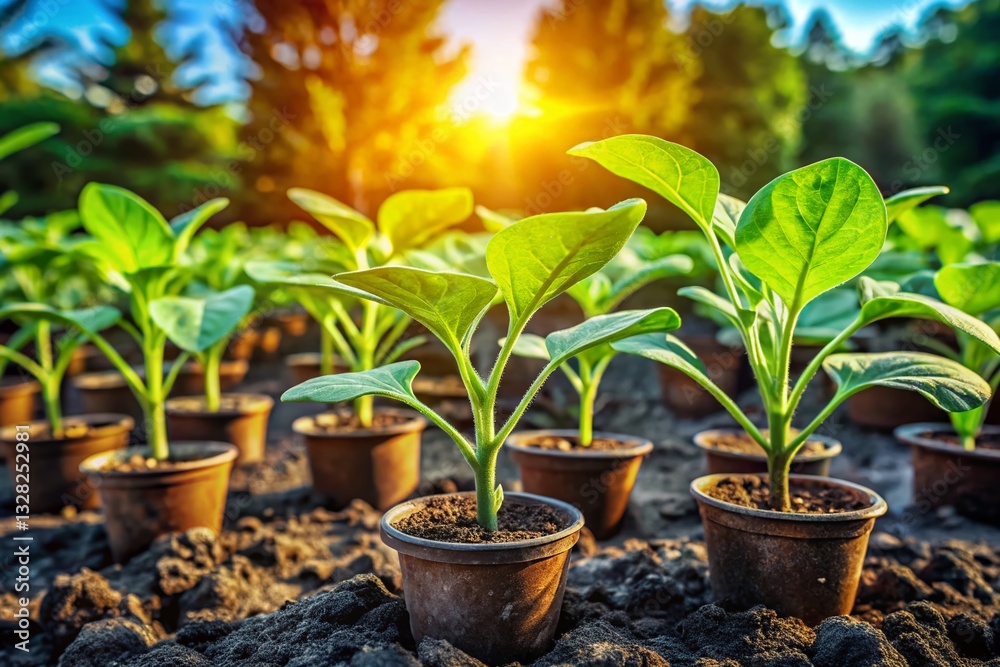 Panoramic View of Green Eggplant Seedlings Growing in Ground Seed Trays Panoramic View of Green Eggplant Seedlings Growing in Ground Seed Trays