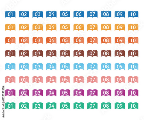 カラフルな水彩テクスチャの本の形の上に白い数字。ベクターイラストコレクション