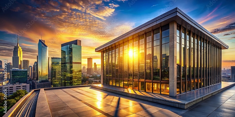 Fototapeta premium Panoramic View of Modern Bank Building with City Skyline at Sunset