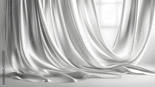 with perfectly formed folds hanging in a window, allowing light to filter through 