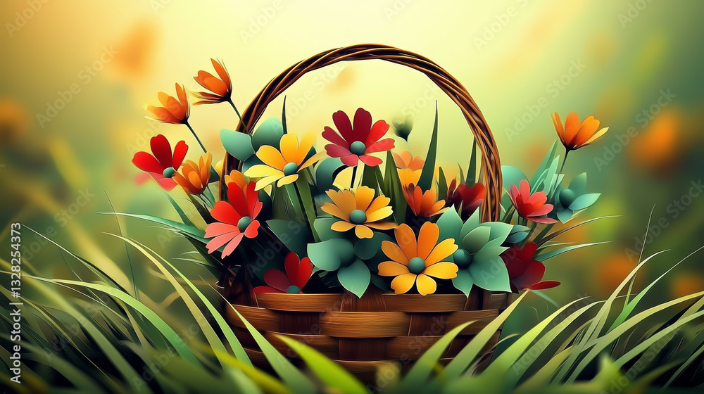 woven basket overflowing with colorful flowers creates heartwarming and cheerful display in grassy field, radiating pure joy
