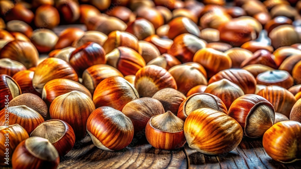 Panoramic View of Scattered Hazelnut Shells, Close-Up Detail, Natural Light Panoramic View of Scattered Hazelnut Shells, Close-Up Detail, Natural Light