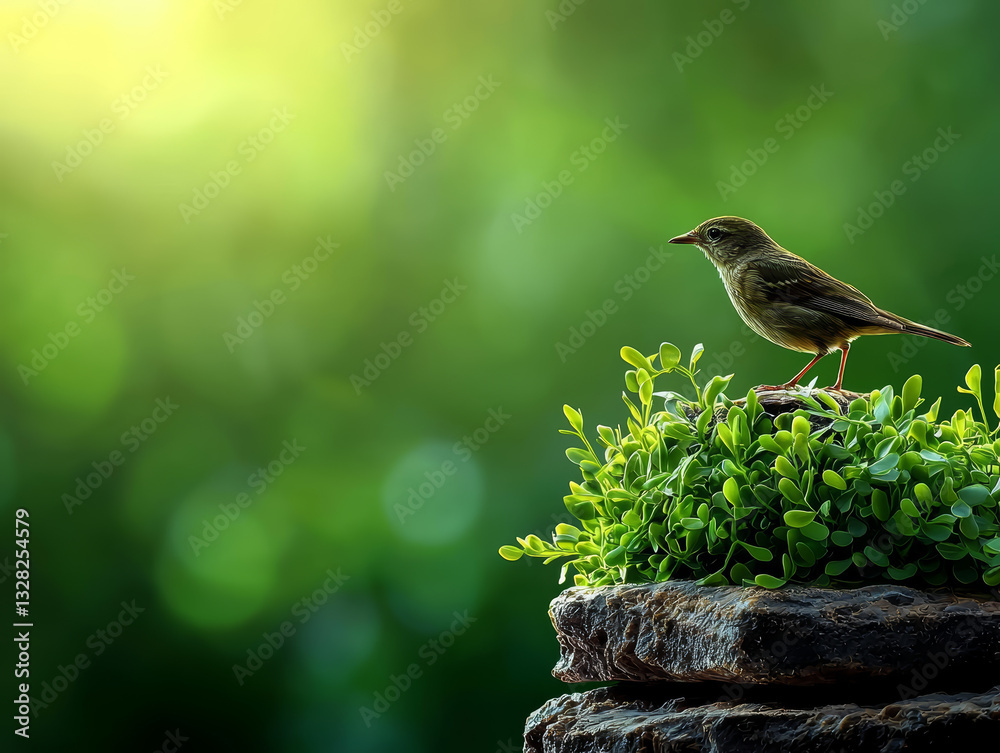 bird perched peacefully on plant, basking in warm sunlight, creating serene, natural scene with vivid green backdrop