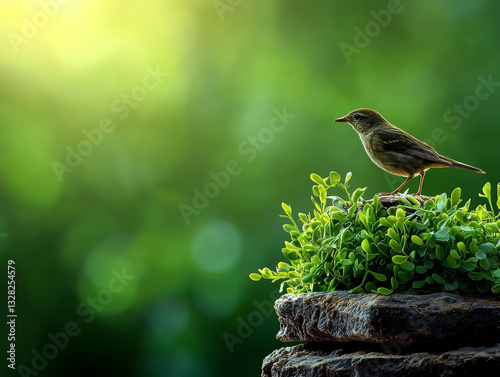 Obraz na płótnie bird perched peacefully on plant, basking in warm sunlight, creating serene, natural scene with vivid green backdrop w salonie