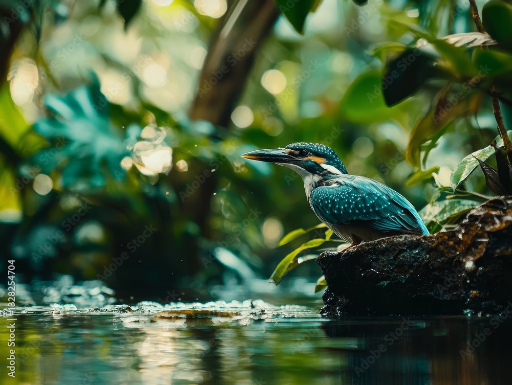kingfisher perched attentively on mossy log, mirroring its tranquil spirit in water, amidst lush greenery