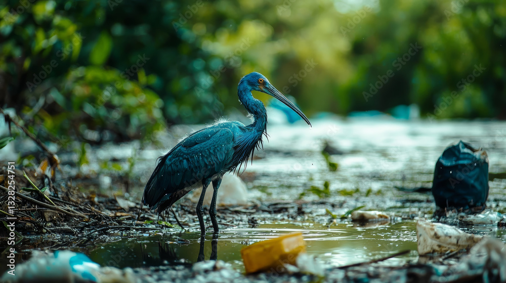 bird stands in polluted water, displaying sadness and resilience amidst garbage, poignant reminder of environmental neglect