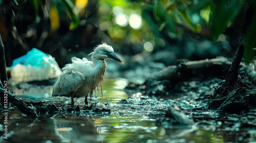 solitary bird stands gracefully in shallow water, its delicate form testament to nature resilience in polluted environment