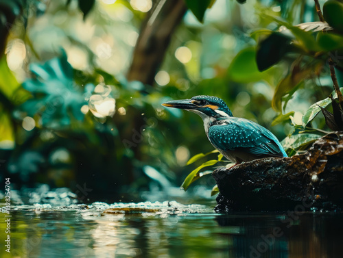 Obraz na płótnie kingfisher perched attentively on mossy log, mirroring its tranquil spirit in water, amidst lush greenery w salonie
