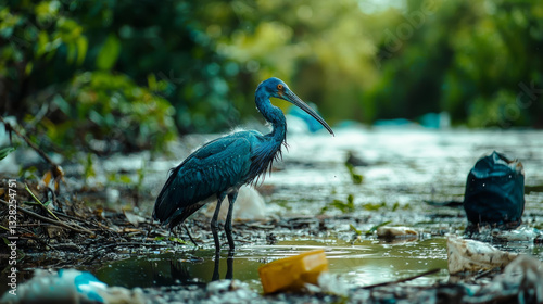 Obraz na płótnie bird stands in polluted water, displaying sadness and resilience amidst garbage, poignant reminder of environmental neglect w salonie