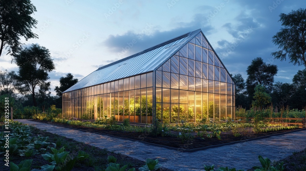 Large glass greenhouse glows at dusk. Perfect for illustrating sustainable farming, or modern agriculture concepts. Large glass greenhouse glows at dusk. Perfect for illustrating sustainable farming, or modern agriculture concepts.