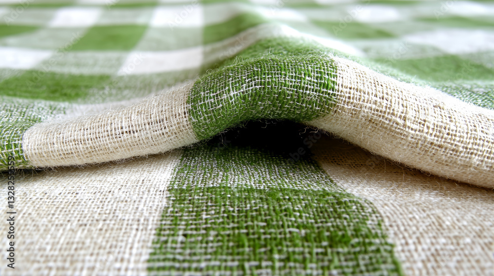 Close up view showcases vibrant green and white checkered textile, evoking sense of freshness and simple comfort, with intricate weaves revealing texture
