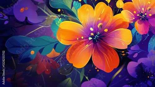 Vibrant floral composition featuring colorful flowers and lush foliage against a dark background