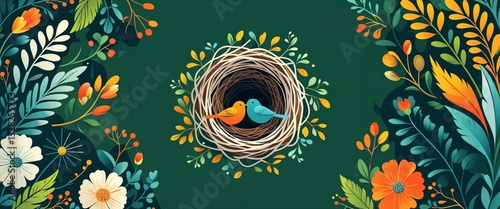 bird nest pattern on green plain background digital abstract art work illustration design