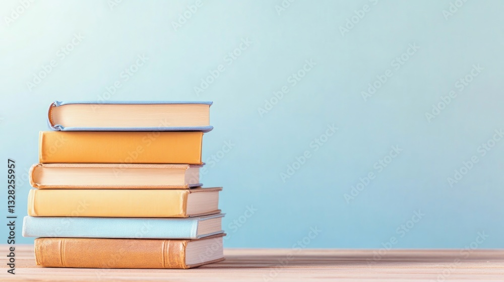 books neatly stacked on wooden desk with soft morning light illuminating their covers creating serene reading atmosphere books neatly stacked on wooden desk with soft morning light illuminating their covers creating serene reading atmosphere