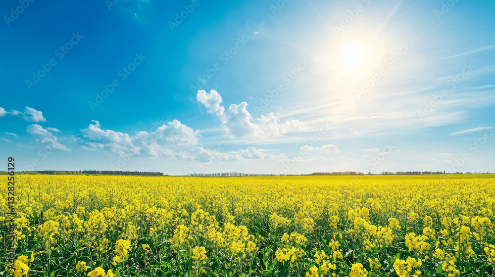 vibrant field of yellow flowers stretches to horizon under clear blue sky, sun radiating warmth and serenity across landscape