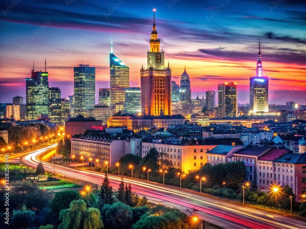 Obraz premium Panoramic Warsaw Cityscape at Night - Long Exposure Photography