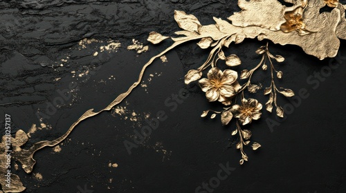 Elegant golden floral design on a textured black background for luxurious decor