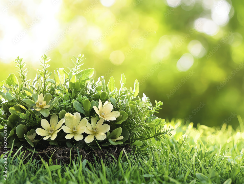 Lush green grass surrounds vibrant flower arrangement, radiating pure joy and delight with its bright yellow and green color palette