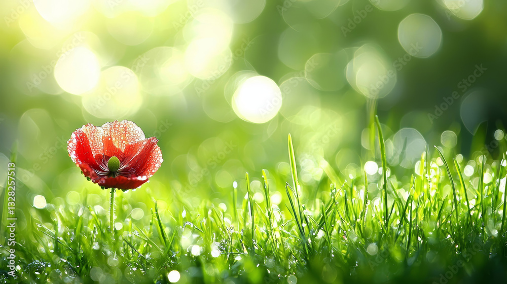 vibrant red flower stands gracefully in green grassy field, radiating joy and capturing beauty of nature simplicity