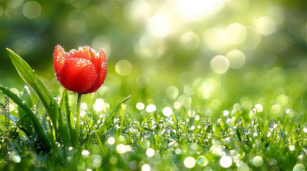 serene red flower stands tall in vibrant green field, bathed in sunlight, radiating tranquility and natural beauty