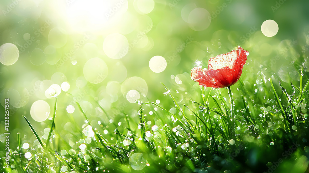 vibrant red flower stands gracefully amidst field of lush green grass, kissed by sunlight, evoking feelings of peace and joy