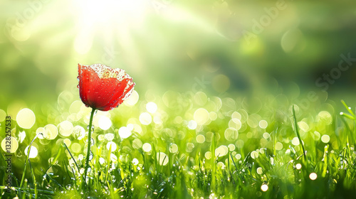 serene and vibrant scene unfolds, single red flower blooms joyfully in green field, bathed in sunlight, evoking peace