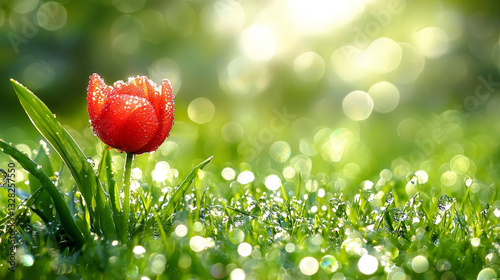 Obraz na płótnie serene red flower stands tall in vibrant green field, bathed in sunlight, radiating tranquility and natural beauty w salonie
