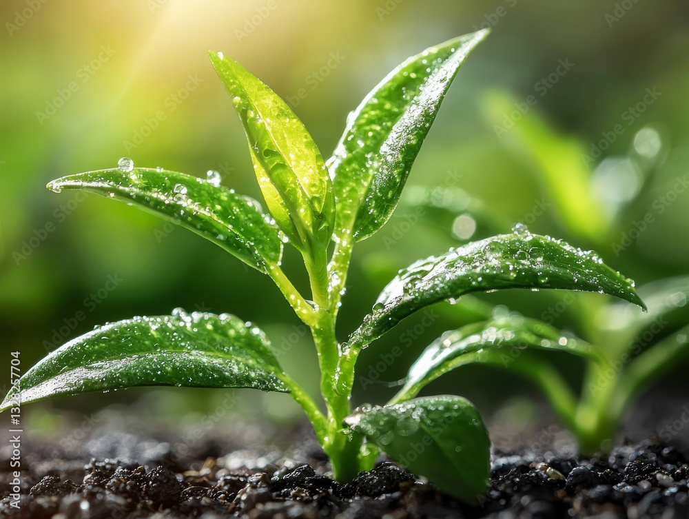 young green plant glistens with water droplets, vibrant symbol of new life and growth, full of promise for future