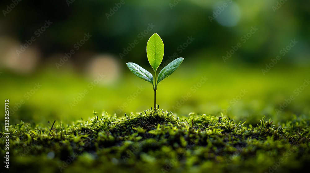 young, vivid green plant bravely sprouts from earth, radiating hope and new beginnings in lush field
