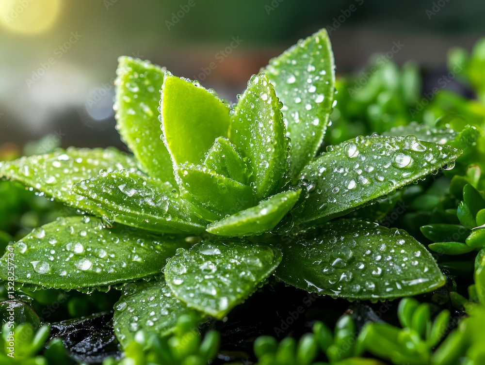 Lush green plant glistens with morning dew, radiating natural beauty and tranquility, promising growth and vitality