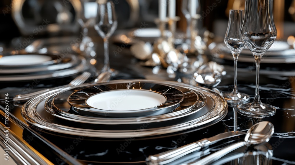 3D luxury fine-dining table with premium silverware, 3D luxury fine-dining table with premium silverware,