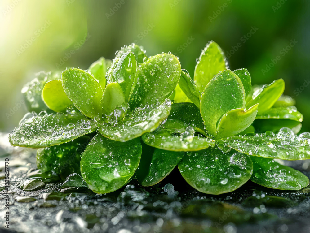 Lush green plant glistening with moisture, radiating freshness and life