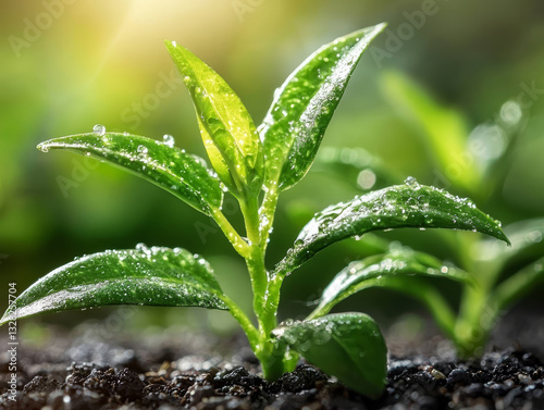 Obraz na płótnie young green plant glistens with water droplets, vibrant symbol of new life and growth, full of promise for future w salonie
