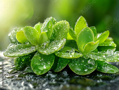 Obraz na płótnie Lush green plant glistening with moisture, radiating freshness and life w salonie