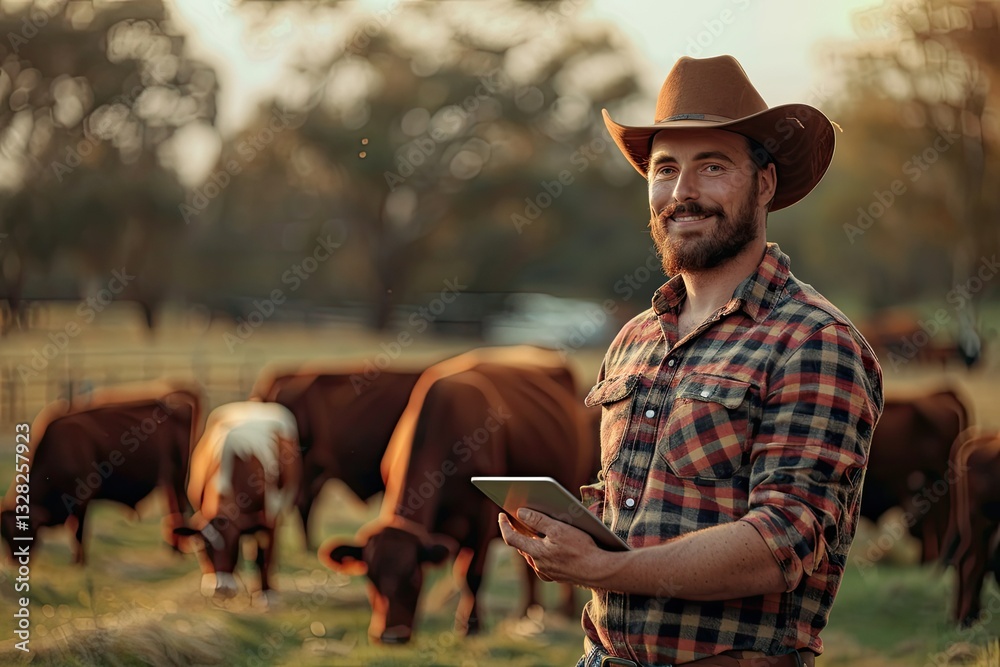 © Ghaniss - Portrait of Cattleman Farmer Standing in Front of Cows and Holding Tablet at the Farm © Ghaniss - Portrait of Cattleman Farmer Standing in Front of Cows and Holding Tablet at the Farm