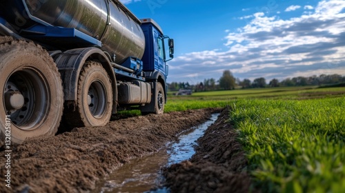 Truck driving through muddy rural lane