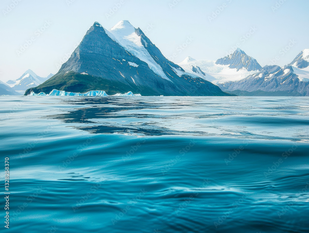 Majestic mountain rises powerfully behind clear, cool water, reflecting sunlight and creating sense of peace and wonder