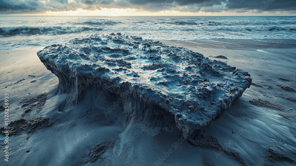 Large rock sits prominently on sandy beach, its surface textured by elements, embodying serene and weathered coastal landscape