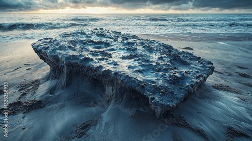 Obraz na płótnie Large rock sits prominently on sandy beach, its surface textured by elements, embodying serene and weathered coastal landscape w salonie