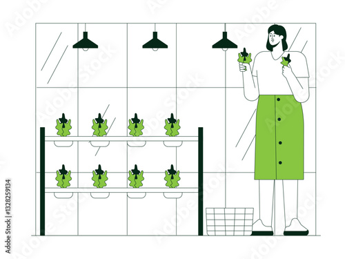 Young woman harvesting lettuce grown in greenhouse. Urban Farming illustration. Flat vector illustration concept.