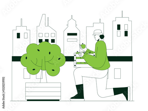 Young woman harvesting apples grown and cared for by herself on the rooftop. Urban Farming illustration. Flat vector illustration concept.