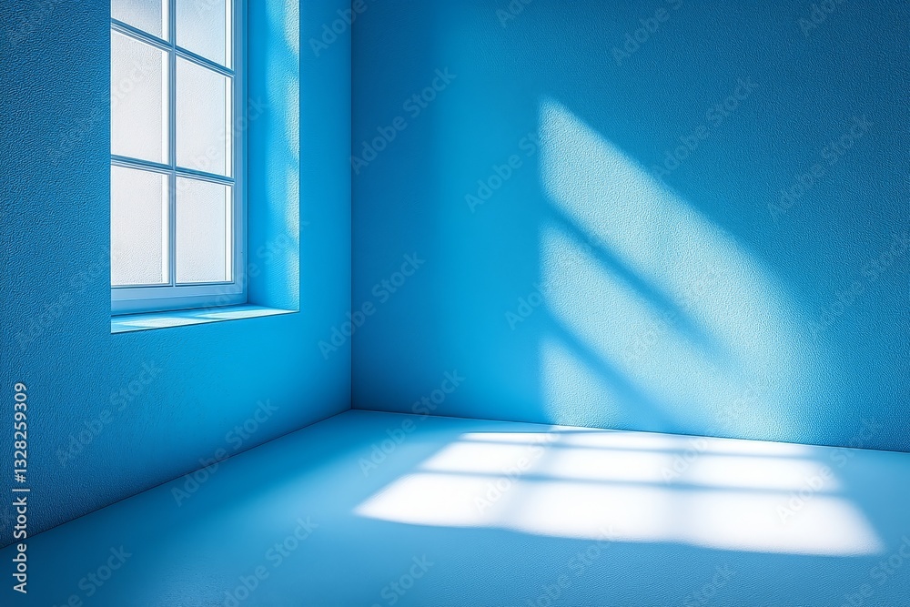 Obraz premium Minimalist Light Blue Corner: High-Resolution 3D Rendering with Volumetric Lighting and Soft Shadows on White Floor.
